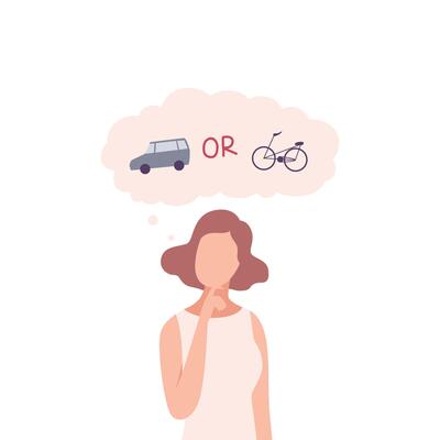 Young Woman Trying to Make Decision, Car or Bike, Guy hoosing Between Healthy and Unhealthy Lifestyle Flat Illustration
