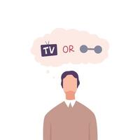 Man Trying to Make Decision, Guy hoosing Between Healthy and Unhealthy Lifestyle Flat Illustration vector
