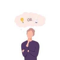 Man Trying to Make Decision, Incandescent or Energy Saving Lamp, Guy Thinking about Environmental Protection Flat Illustration vector