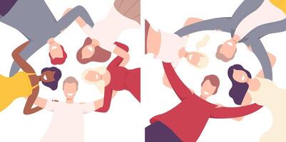 Happy People Embracing Together in Circle Set, Low Angle View Flat Illustration vector