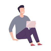 Young Man with Modern Digital Gadget, Guy Sitting on the Floor and Communicating Using His Laptop Computer Flat Illustration vector