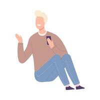 Young Man Using Smartphone, Smiling Guy Sitting on the Floor and Communicating People Flat Illustration vector