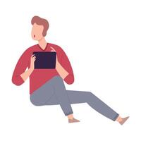 Young Man with Modern Digital Gadget, Guy Sitting on the Floor and Communicating Using His Tablet Flat Illustration vector