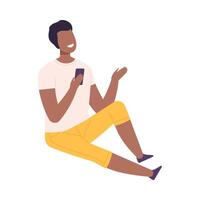 Smiling Young Man with Modern Digital Gadget, Guy Sitting on the Floor and Communicating Using His Smartphone Flat Illustration vector