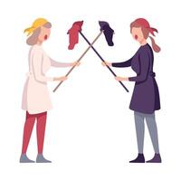 Furious Colleagues Arguing and Shouting, Two Female Cleaning Service Workers Characters Yelling at Each Other Flat Illustration vector