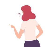 Rude Angry Woman Character Yelling and Pointing with Her Finger, View From Behind Flat Illustration vector