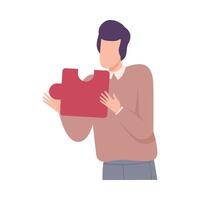 Young Man Standing with Red Puzzle Element Flat Illustration vector