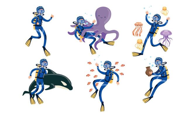 Collection of Scuba Divers, Underwater Diver Swimming in the Sea or Ocean with Fishes and Animals Illustration Isolated on White Background