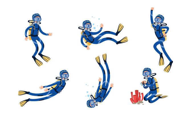 Collection of Scuba Divers, Underwater Free Diver Swimming in the Sea or Ocean Illustration