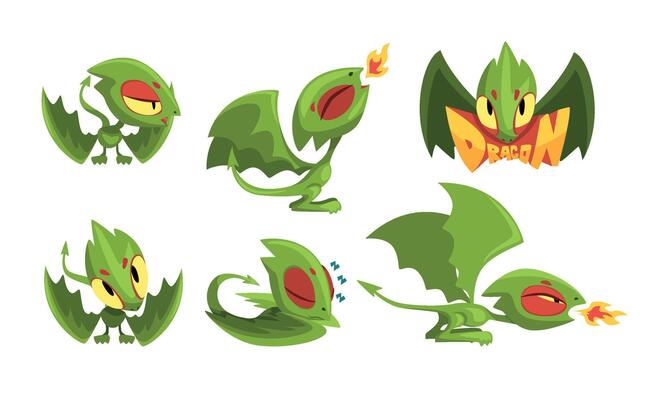 Adorable Green Little Dragons Collection, Funny Fantasy Creatures Cartoon Character Illustration on White Background