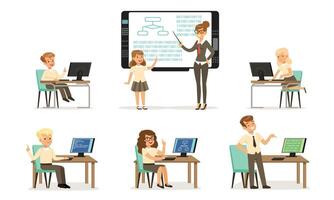 School Children at Informatics or Programming Lesson Collection, Students Working on Computers, Female Teacher Standing Beside Chalkboard and Explaining Lesson Illustration vector