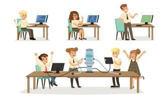 School Children at Informatics or Programming Lesson Collection, Students Working on Computers Illustration on White Background vector