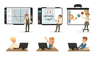 School Children at Informatics or Programming Lesson Collection, Students Working on Computers and Standing in Front of Interactive Whiteboard Illustration vector