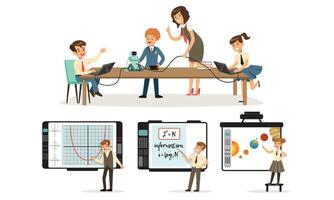 School Children at Informatics or Programming Lesson Collection, Students Working on Computers, Learning Robotics Illustration on White Background vector
