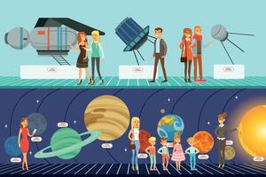 People at Science Exhibitions, Visitors Learning About Stars, Planets and Solar System at Excursion in Planetarium Illustration vector