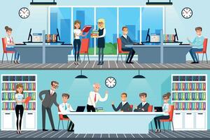 Modern Office Interior with Working People, Business Meeting, Empoyees Sitting at Desks Working with Computers and Documents Illustration vector