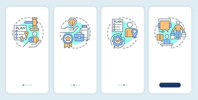 Benefits of travel risk management onboarding mobile app screen. Walkthrough 4 steps editable graphic instructions with linear concepts. UI, UX, GUI template vector