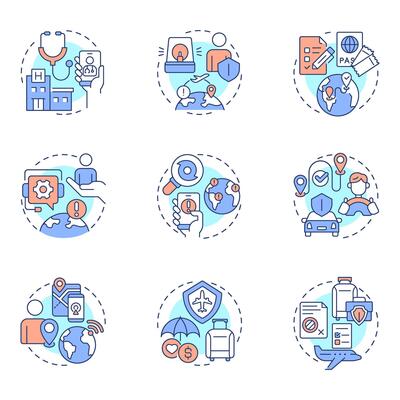 Travel risk management multi color concept icons. Business journey security service. Tourist insurance policy. Icon pack. Round shape illustrations for presentation. Abstract idea