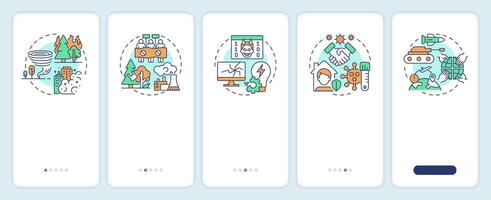 Types of critical events onboarding mobile app screen. Walkthrough 5 steps editable graphic instructions with linear concepts. UI, UX, GUI template vector