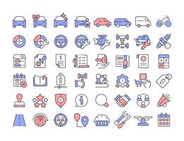 Dealerships RGB color icons set. Vehicle maintenance, car management. Warranty documentation, license. Isolated illustrations. Simple filled line drawings collection. Editable stroke vector