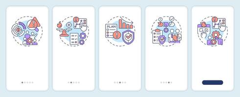 Risk management process onboarding mobile app screen. Walkthrough 5 steps editable graphic instructions with linear concepts. UI, UX, GUI template vector