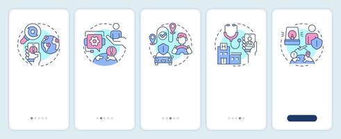 Travel risk management services onboarding mobile app screen. Walkthrough 5 steps editable graphic instructions with linear concepts. UI, UX, GUI template vector