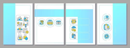 Travel risk management blue brochure template. Services for tourists to stay safe. Journey protection. Leaflet design with linear icons. Editable 4 layouts vector