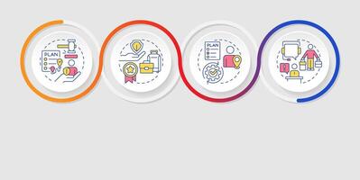 Benefits of travel risk management infographics circles sequence. Tourist policy advantages. Visualization layout with 4 steps. Info chart loop process presentation vector