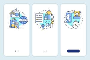 Evacuation levels onboarding mobile app screen. Emergency. Walkthrough 3 steps editable graphic instructions with linear concepts. UI, UX, GUI template vector