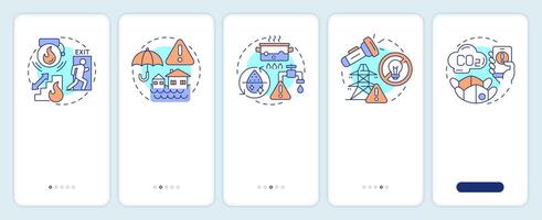 Safety and emergency alerts onboarding mobile app screen. Walkthrough 5 steps editable graphic instructions with linear concepts. UI, UX, GUI template vector