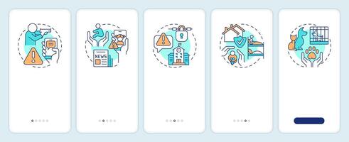 Public safety onboarding mobile app screen. Emergency response. Walkthrough 5 steps editable graphic instructions with linear concepts. UI, UX, GUI template vector