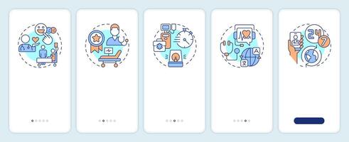 Quality of medical services onboarding mobile app screen. Walkthrough 5 steps editable graphic instructions with linear concepts. UI, UX, GUI template vector