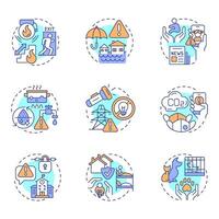 Emergency responses multi color concept icons. Dealing with threats and crisis. Public safety development. Icon pack. Round shape illustrations for brochure. Abstract idea vector