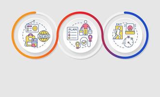 Evacuation levels infographics circles sequence. Rescuing of people in danger. Emergency aid. Visualization layout with 3 steps. Info chart loop process presentation vector