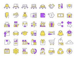 Sharing economy RGB color icons set. Exchanging goods and services between consumer. Social system. Isolated illustrations. Simple filled line drawings collection. Editable stroke vector
