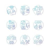 Progressive web app blue gradient concept icons. Platform based development of PWA. Software and technology. Icon pack. Round shape illustrations for brochure. Abstract idea vector