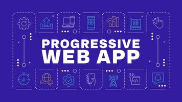Progressive web app dark purple word concept. PWA advantages and components. Software development. Horizontal image. Headline text surrounded by editable outline icons vector