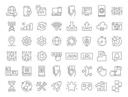 Progressive web app linear icons set. PWA development platform service. Digital technology application. Customizable thin line symbols. Isolated outline illustrations. Editable stroke vector