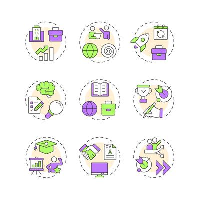 Career planning multi color concept icons. Self assessment, skill development. Job search. Icon pack. Round shape illustrations for infographic, presentation. Abstract idea