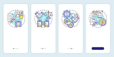 Intercompany transaction process onboarding mobile app screen. Walkthrough 4 steps editable graphic instructions with linear concepts. UI, UX, GUI template vector