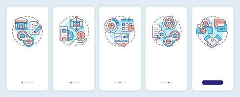 Intercompany accounting practices onboarding mobile app screen. Walkthrough 5 steps editable graphic instructions with linear concepts. UI, UX, GUI template vector