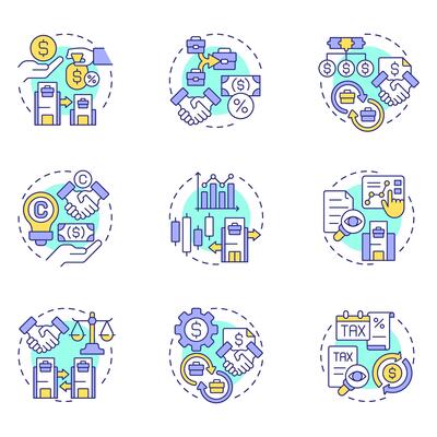 Intercompany transactions multi color concept icons. Interaction between commercial entities. Financial activity. Icon pack. Round shape illustrations for presentation. Abstract idea