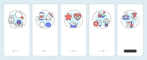 Volunteer management components onboarding mobile app screen. Walkthrough 5 steps editable graphic instructions with linear concepts. UI, UX, GUI template vector