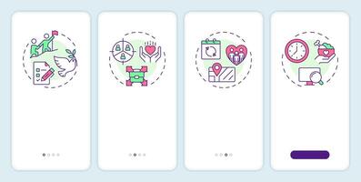 Volunteer management onboarding mobile app screen. VMS control. Walkthrough 4 steps editable graphic instructions with linear concepts. UI, UX, GUI template vector