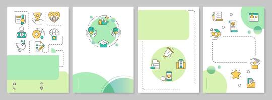 Volunteer engagement green circle brochure template. Non profit organization development. Leaflet design with linear icons. Editable 4 layouts vector