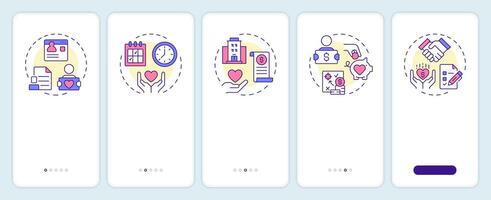 Volunteer activity tracking onboarding mobile app screen. Walkthrough 5 steps editable graphic instructions with linear concepts. UI, UX, GUI template vector