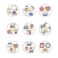 Volunteer management multi color concept icons. Supporters engagement in social activities. Non profit organizations. Icon pack. Round shape illustrations for booklet. Abstract idea vector