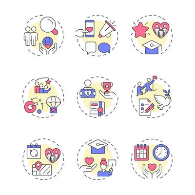 Volunteer management multi color concept icons. Supporters engagement in social activities. Non profit organizations. Icon pack. Round shape illustrations for booklet. Abstract idea