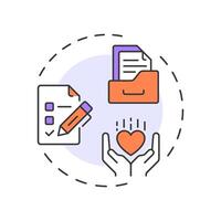 Administrative volunteering multi color concept icon. Coordinating organization work. Contribution type. Round shape line illustration. Abstract idea. Graphic design. Easy to use in brochure vector