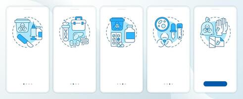 Biomedical waste types blue onboarding mobile app screen. Walkthrough 5 steps editable graphic instructions with linear concepts. UI, UX, GUI vector